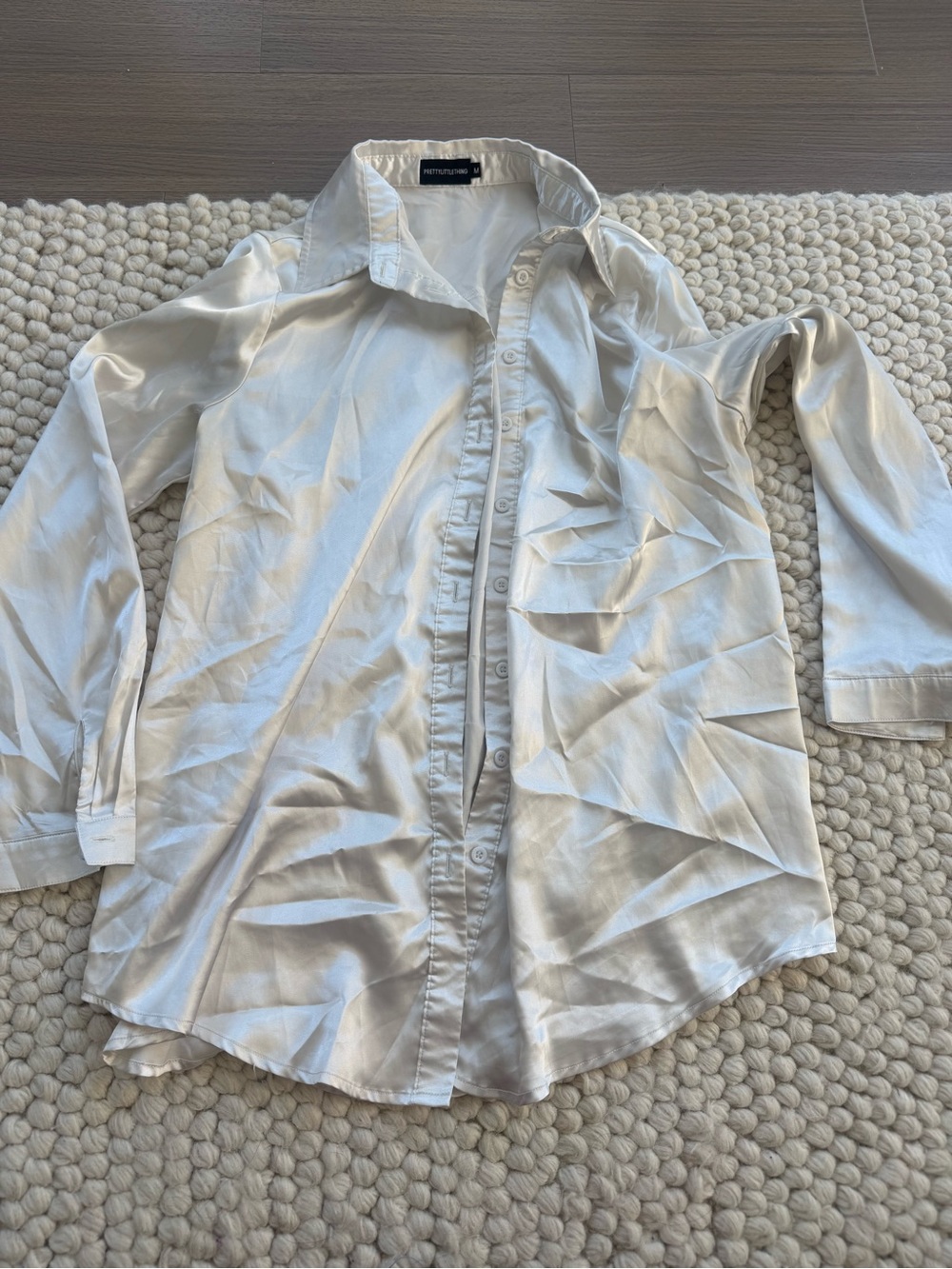 PrettyLittleThing Women’s White Satin Long-Sleeve Dress Shirt